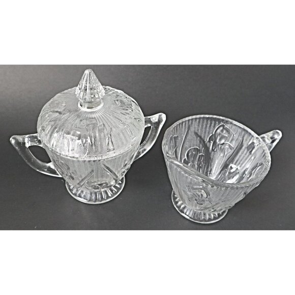 Depression Glass Iris And Herringbone Cream and Sugar with Lid Jeanette  1930's - Picture 2 of 7